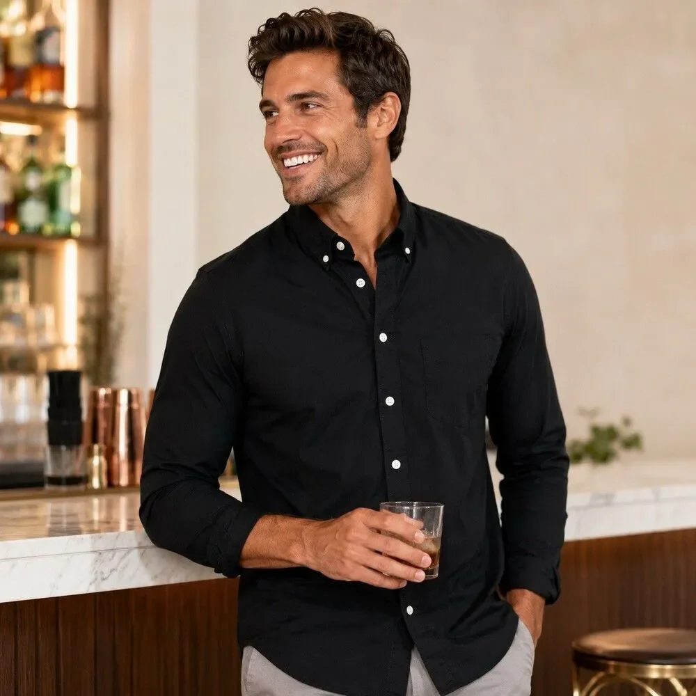 J Crew Button Black Down Shirt Mens M Black Long Sleeve Cotton Secret Wash BJ706